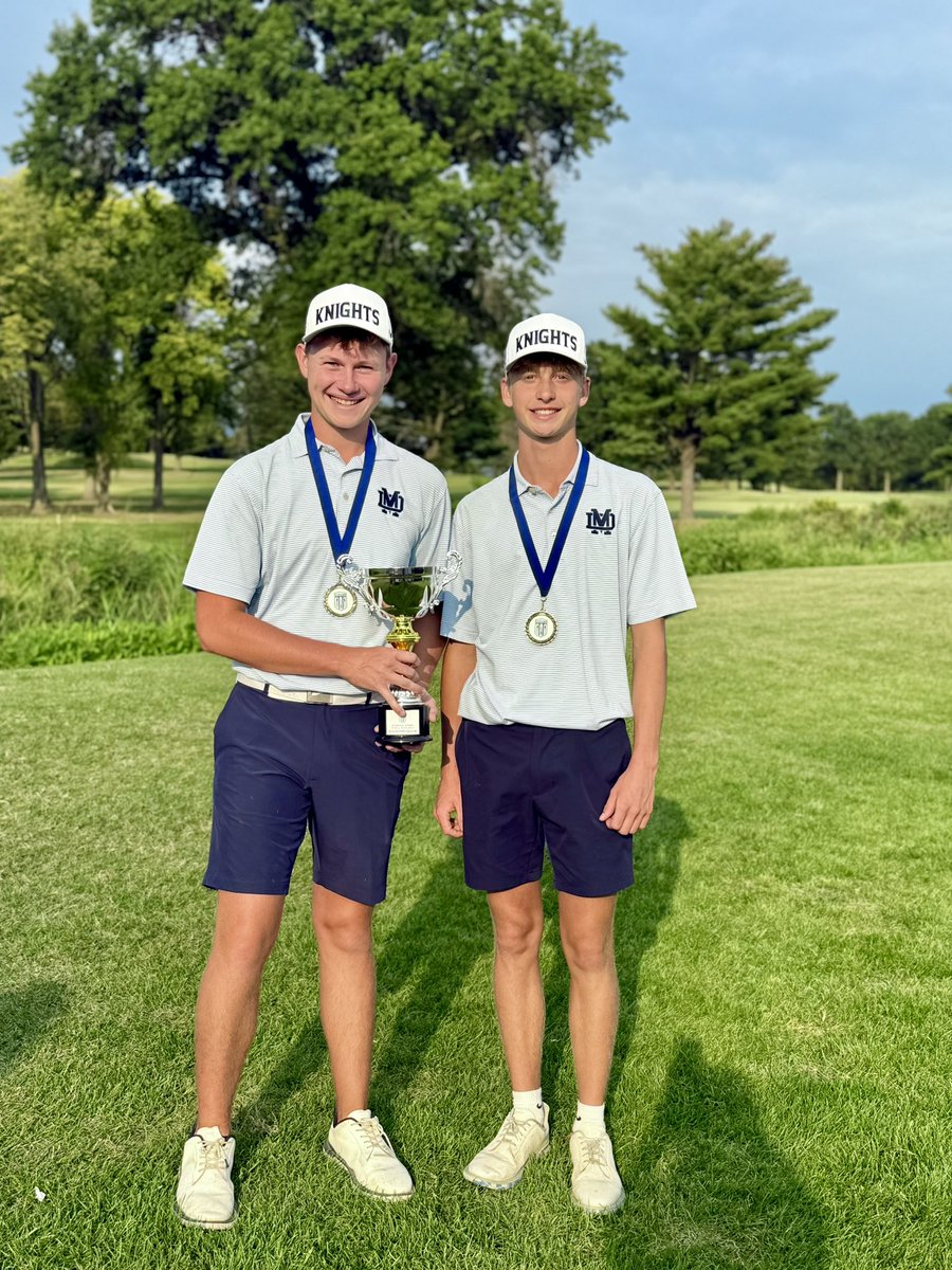 Knights finished 1st in the Cardinal Creek 2 man Invite today with a team total 185.  2 man invite consisted of 3 2 man teams where all scores counted. Knights were led by Will Kampwerth and Bennett Moss who shot 60 for 1st overall.