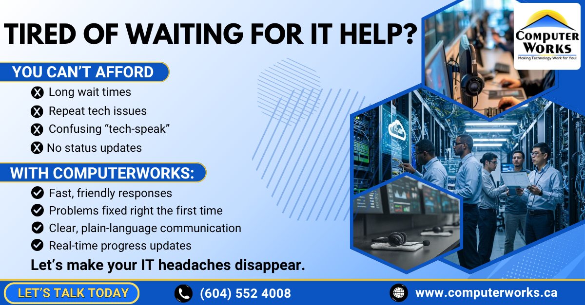 Computer_Works_'s tweet image. Tired of slow IT support? ComputerWorks HelpDesk offers fast responses, lasting fixes, clear communication, and real-time updates so you’re never left in the dark. 
Call (604) 552-4008 today!
