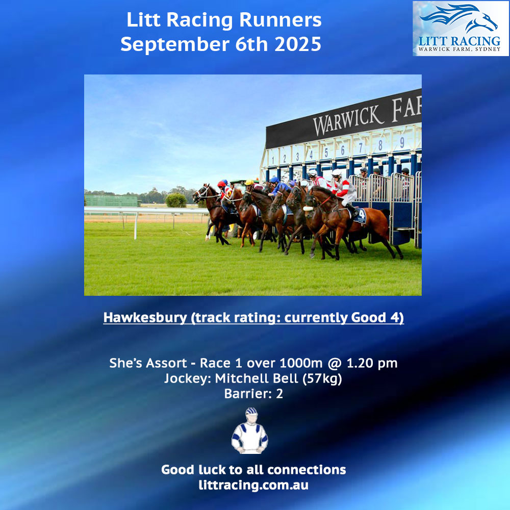 The team heads to Hawkesbury Race Club Limited today with SHE'S ASSORT, who debuts over 1000m. Good luck to all connections at Monarch Racing Syndications, jockey Mitch Bell, and our girl.