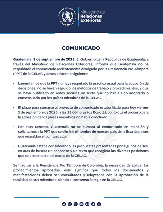 GtLiberal's tweet image. Ante el comunicado publicado por el presidente de Colombia, Gustavo Petro, quien funge como presidente pro tempore de la #CELAC, el #MINEX informó que "Guatemala no ha respaldado el comunicado".