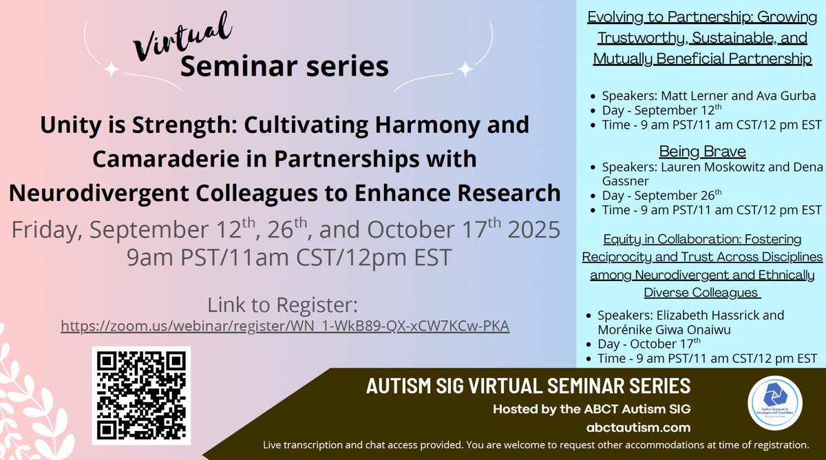 Want to learn more about how to build effective research partnerships with neurodivergent colleagues? Come to our virtual seminar series to learn with us in 3 seminars this fall! Register here: zoom.us/webinar/regist…