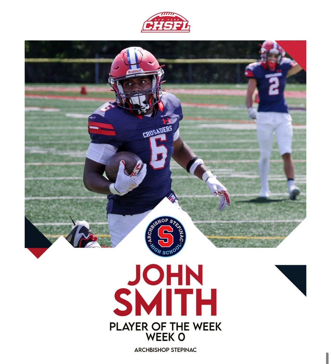 Congrats to John Smith on being honored as a CHSFL Player of The Week <a href="/StepinacSports/">Stepinac Athletics</a> <a href="/NYCHSFL/">NYCHSFL</a> <a href="/ajfor6ix/">John “Ajay” Smith</a>