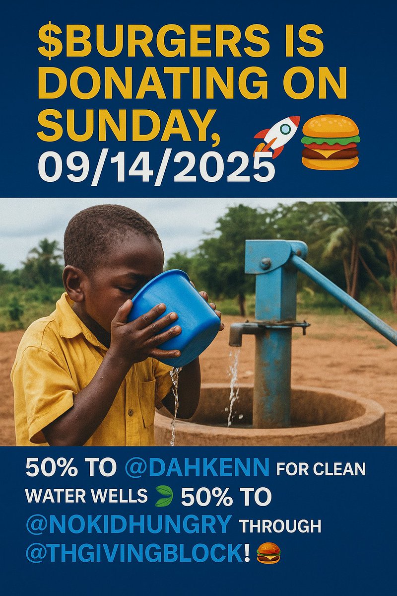 mstf (@mcnocicat) on Twitter photo ๐๐ง $BURGERS is making an impact!
On 09/14/2025, 50% of our donation revenue will go to <a href="/Dahkenn/">Ibrahiminitiatives๐</a> (clean water wells & feeding people) ๐ฑ, and the other 50% will support <a href="/nokidhungry/">No Kid Hungry</a> through <a href="/TheGivingBlock/">The Giving Block</a> ๐
Together, weโre building hope & changing lives. ๐
<a href="/BurgersOnBase/">$Burgers on Base</a> ๐๐ง $BURGERS is making an impact!
On 09/14/2025, 50% of our donation revenue will go to <a href="/Dahkenn/">Ibrahiminitiatives๐</a> (clean water wells & feeding people) ๐ฑ, and the other 50% will support <a href="/nokidhungry/">No Kid Hungry</a> through <a href="/TheGivingBlock/">The Giving Block</a> ๐
Together, weโre building hope & changing lives. ๐
<a href="/BurgersOnBase/">$Burgers on Base</a>