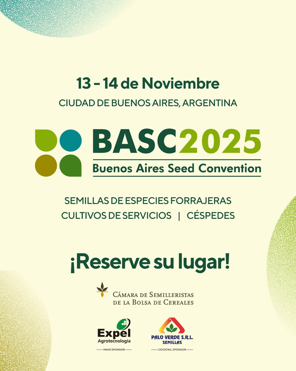 📣¡Invitamos a toda nuestra red a ser parte de la XIII edición de BUENOS AIRES SEED CONVENTION – BASC! La ronda internacional de negocios de semillas de especies forrajeras, cultivos de servicios y céspedes.

Dos maneras de participar:

1. Como participante: Asegure su lugar en