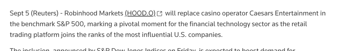 Robinhood to replace Caesars in the S&amp;P 500. The takes, columns, op-eds will write themselves