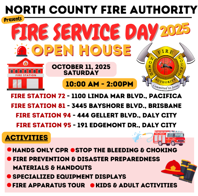 NoCoFire's tweet image. Please join us for Fire Service Day Open House on October 11 from 10:00am to 2:00pm at your local fire station! Please see details below for more information. #FireServiceDay