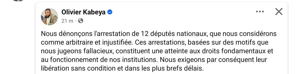 #RDC: "Nous dénonçons l'arrestation de 12 députés nationaux, que nous considérons comme arbitraire et injustifiée. Ces arrestations, basées sur des motifs que nous jugeons fallacieux, constituent une atteinte aux droits fondamentaux et au fonctionnement de nos institutions. Nous