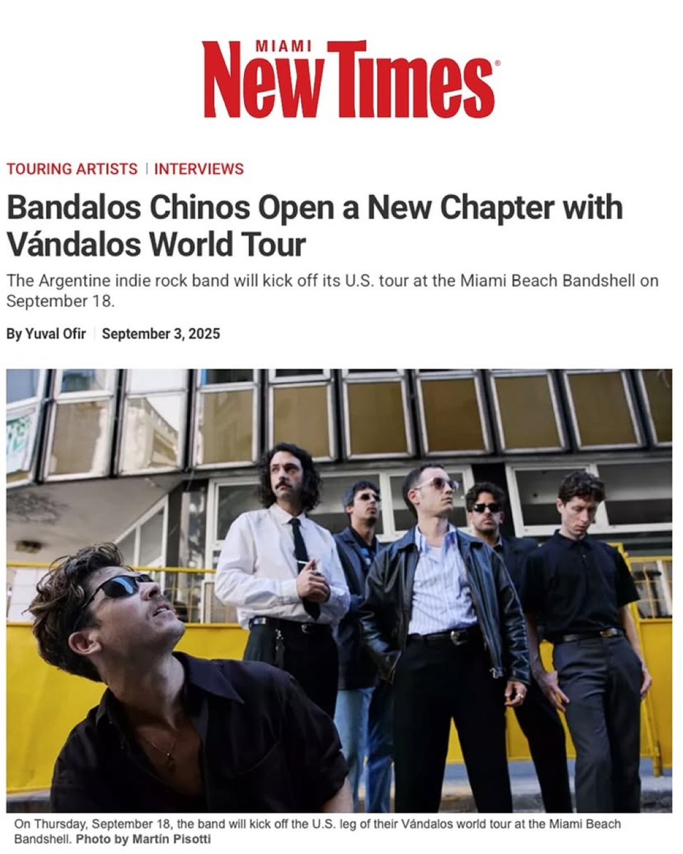 ✨🇦🇷 <a href="/BandalosChinos/">Bandalos Chinos</a>  kick off the U.S. leg of their Vándalos World Tour Sept 18 @ Miami Beach Bandshell!

In a new <a href="/miaminewtimes/">Miami New Times</a> interview, the Argentine indie rockers talk risks, evolution &amp; the darker, nocturnal vibe of this new chapter. 🔥

miaminewtimes.com/music/bandalos…

#miami