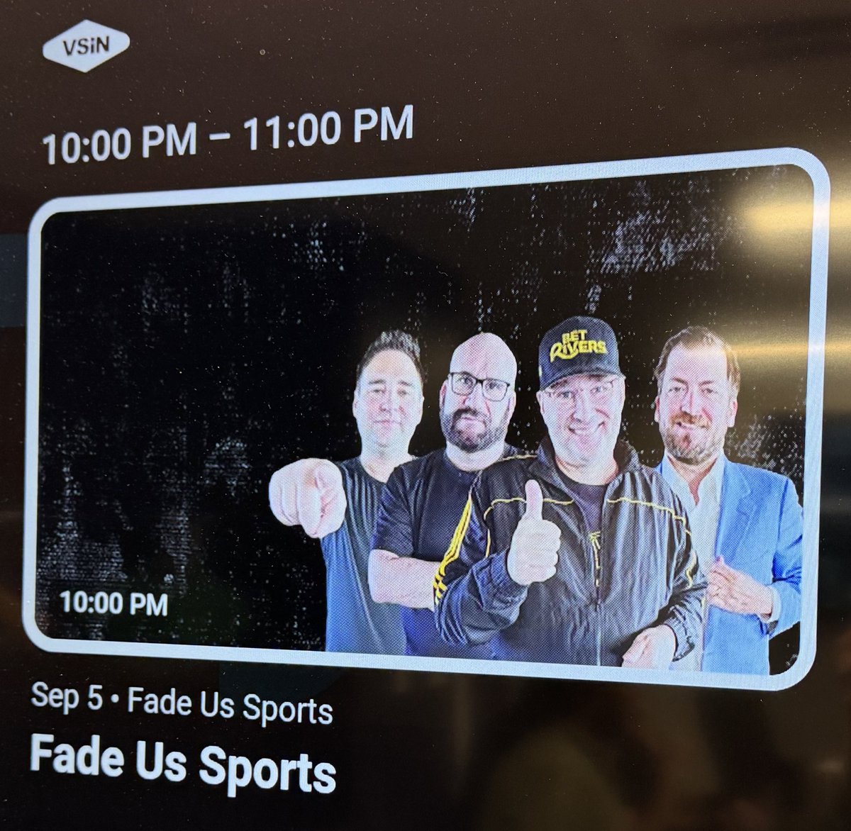 VSIN loaded <a href="/FadeUsSports/">Fade Us Sports Podcast</a> in!! Tonight 10 PST <a href="/VSiNLive/">VSiN</a>

Fade Us Sports: also on YouTubeTV and airing on SiriusXM ch 158

Four rants, and 8 <a href="/NFL/">NFL</a> picks against the spread, AND lots of needling each other! <a href="/themouthmatusow/">Mike Matusow(code:Mouth)</a> <a href="/brandoncantu/">Brandon Cantu</a> <a href="/FadeUsDave/">FadeUsDave</a>

#POSITIVITY