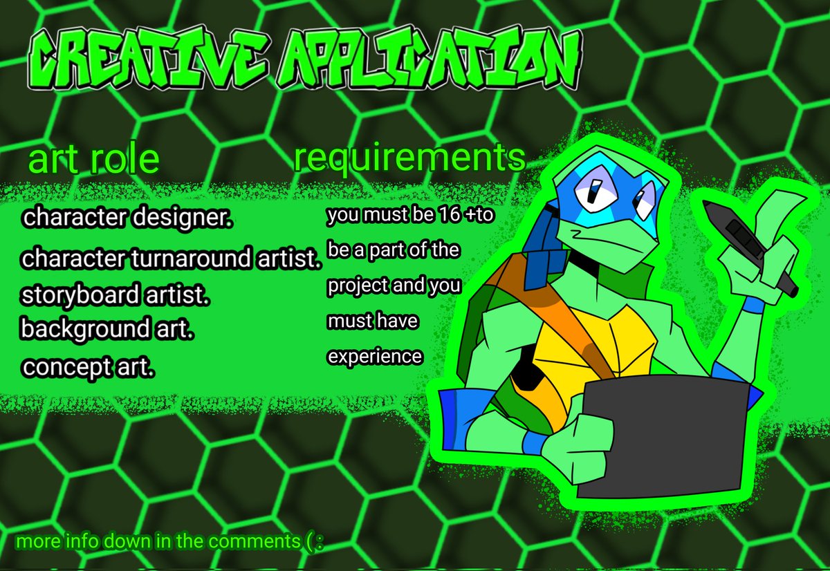 KaydenD35452's tweet photo. Cowabunga dudes 

The K.j studios team are currently looking for artists who would love to work on #TMNTtheshellshockadventures
And if you're interested there are more details in the comments :)

#TMNT #art #storyboards #conceptart
#characterdesign #crewcall #backgroundart https://t.co/BDk4khqOnr