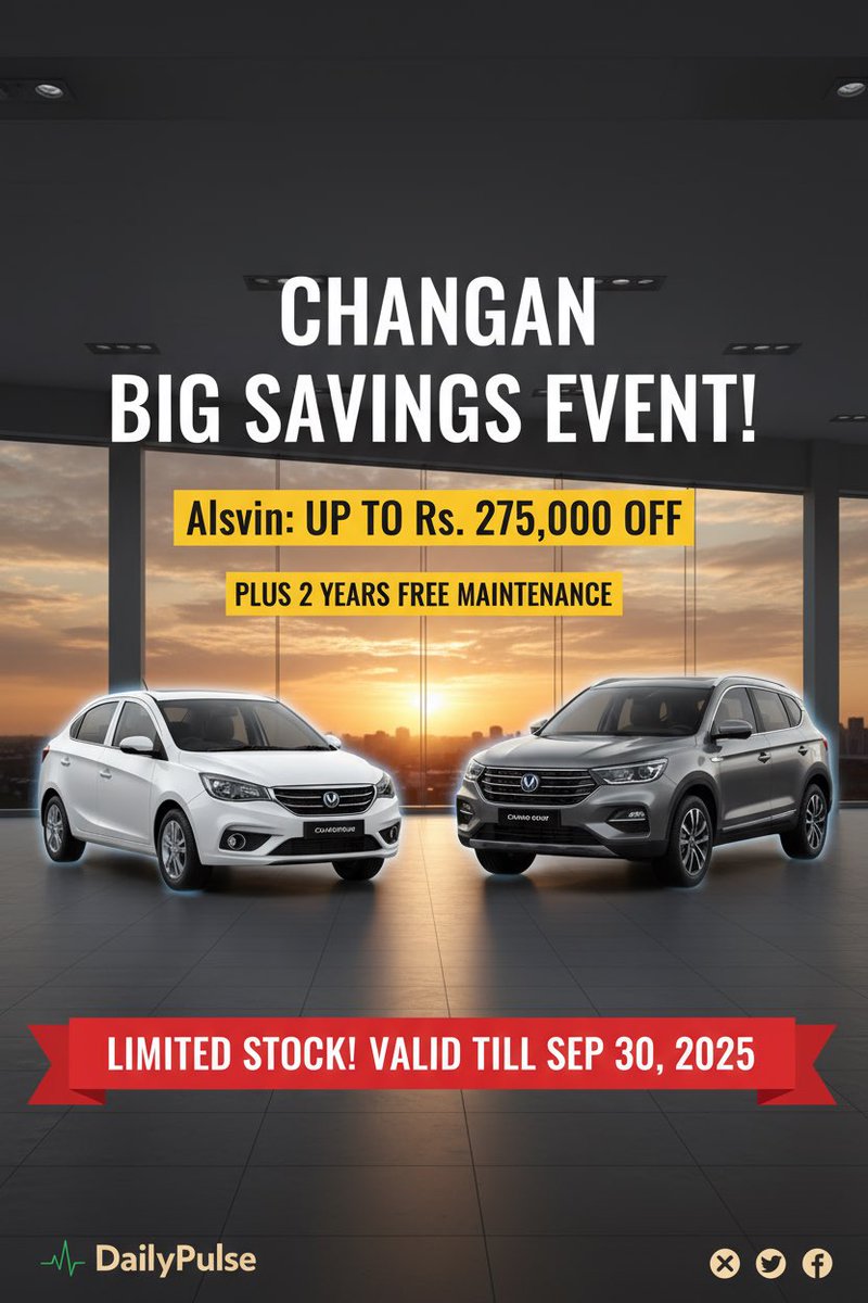 Dailypulse1234's tweet image. 🚗✨ DRIVE HOME A DEAL! Changan slashes prices on the Alsvin &amp;amp; Oshan X7! Save up to Rs. 275,000 AND get 2 years free maintenance. This offer is too big to park! ⏳ Hurry, limited stock only! #Changan #PriceDrop #Alsvin #OshanX7

Disclaimer: This post is for informational purposes