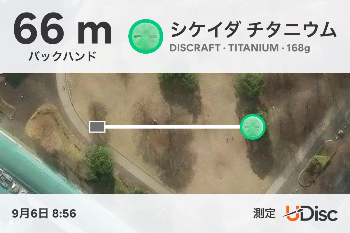 tennkyuu's tweet image. 一軍シケイダ。70m飛ぶ、50mからフェード。#データ収集

I threw a シケイダ チタニウム 66 m
Measured with @udiscapp
#udisc #udiscapp