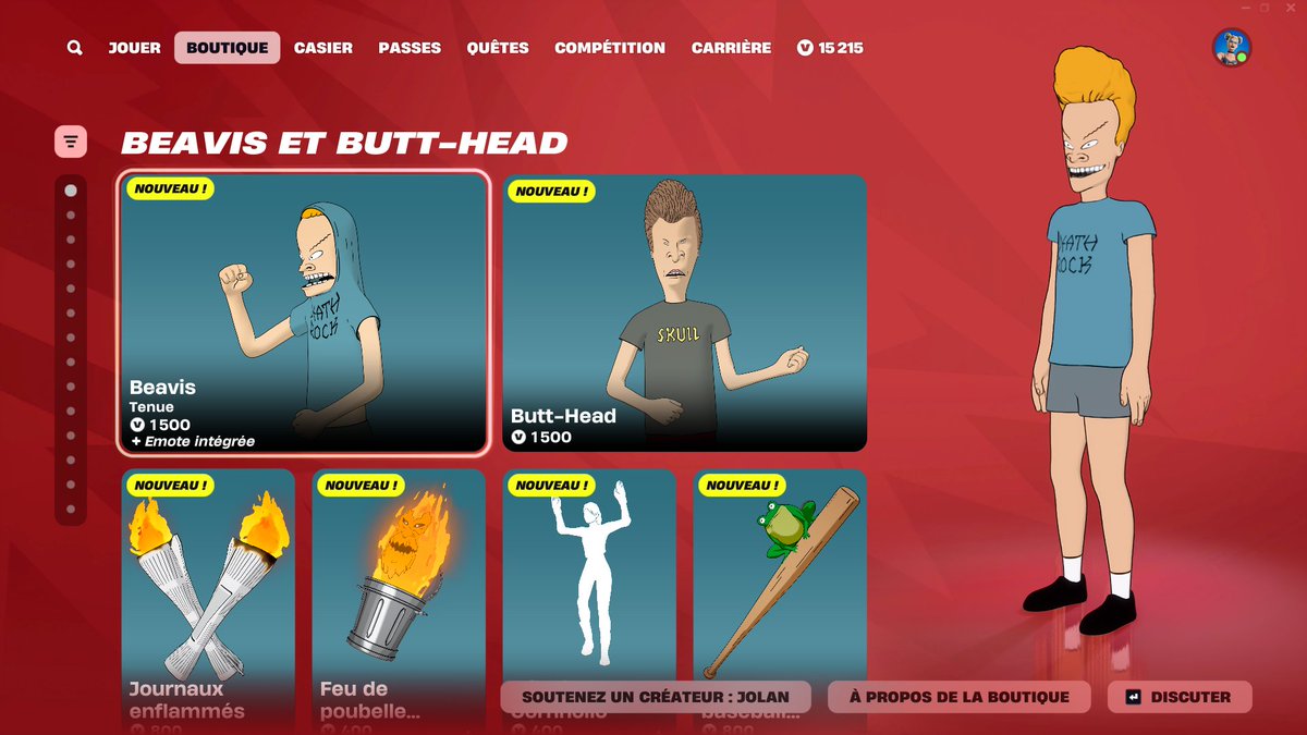 BEAVIS ET BUTT-HEAD est disponible dans la boutique #Fortnite 🤨

Premier Achat en ligne (en S4) = Sac 🍌 GRATUIT en BONUS 
👉 : fortnite.com/item-shop?crea…

Code "Jolan" pour me soutenir, ça m'aide énormément ! ❤ #EpicPartner #Publicité