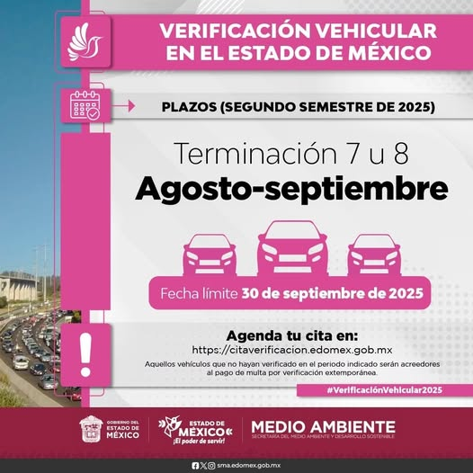 🚦Engomado rosa 🟣 + terminación 7 u 8 = verificación en agosto y septiembre. ¡Cumple a tiempo y evita sanciones! Cita obligatoria en 👉 citaverificacion.edomex.gob.mx
#VerificaciónEdoMéx2025
