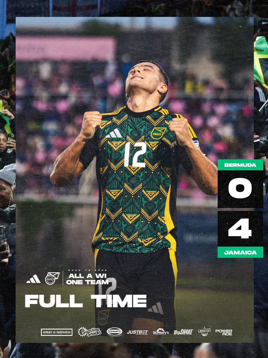 jff_football's tweet image. 🇯🇲 FULL TIME!
The Reggae Boyz dominate on the road with a 4–0 victory over Bermuda! 💥⚽️
Focused, clinical, and making the #RoadTo2026 shine bright. 🌍✨

💛🖤💚 ALL AH WI. ONE TEAM.