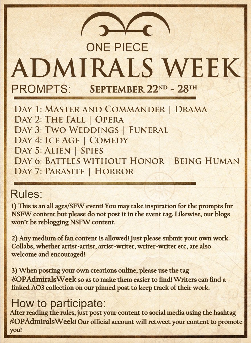 PieceWeek's tweet photo. #OPAdmiralsWeek is back for our 6th year!!! Read the thread below for how to participate!  👇

Info: One Piece Admirals Week is a week long fan event celebrating the Admirals from One Piece taking place September 22 - September 28th! https://t.co/8aCm5wbnZI