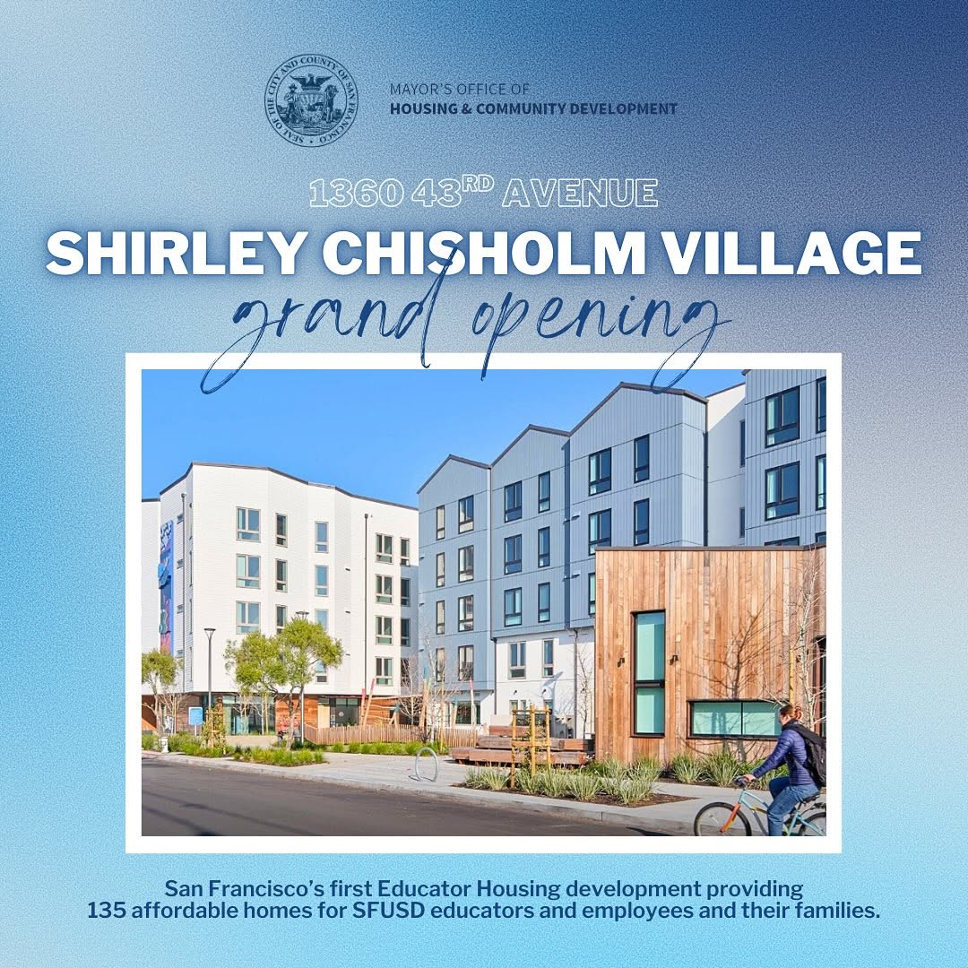 Today we celebrated the grand opening of Shirley Chisholm Village — 135 new 100% affordable homes in the Outer Sunset for SFUSD educators and staff.  A first-of-its-kind project in SF, built in partnership with <a href="/MidPenHousing/">MidPen Housing</a> &amp; <a href="/SFUnified/">SF public schools</a>. sf.gov/news-mayor-lur…