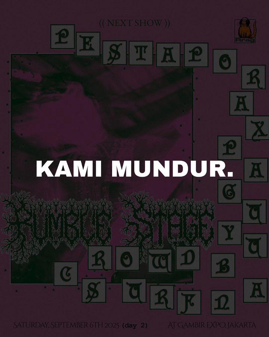 Teman-teman, kami mundur dari Pestapora.

Kami minta maaf, terutama pada kalian yang sudah mengumpulkan niat dan upaya untuk menyaksikan penampilan kami.

Semoga kita bisa segera bertemu di lain kesempatan. Hatur nuhun.