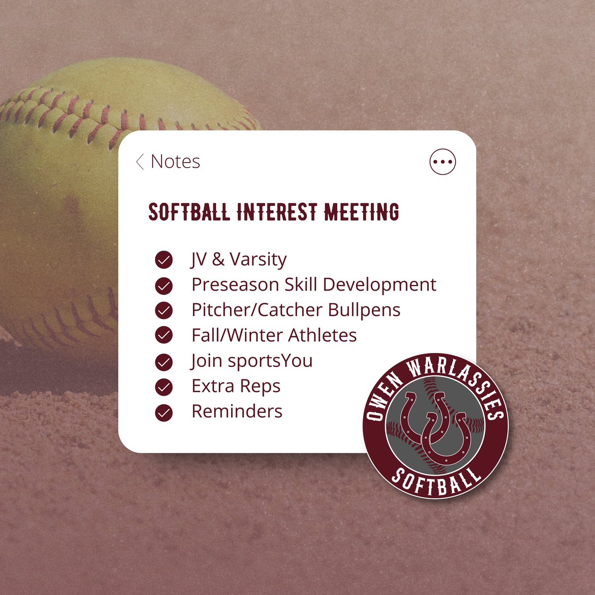 warlassies_sb's tweet photo. •SOFTBALL INTEREST MEETING RECAP•

Check out Warlassies Softball Instagram and Facebook for a full recap of today’s interest meeting including information about preseason skill development and season goals.

Instagram: @ warlassies_softball
Facebook: Owen High School Softball https://t.co/g6ClQy1pzS