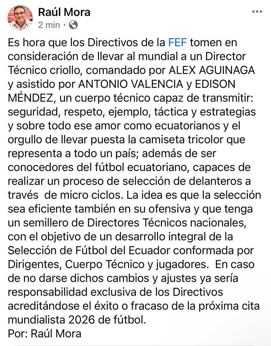 Dirigido a los Directivos de la FEF <a href="/FEFecuador/">FEF 🇪🇨</a> <a href="/anto_v25/">Antonio Valencia</a> <a href="/RadioDibluFM/">Radio Diblu</a> <a href="/Caravana750/">Radio Caravana</a> <a href="/eluniversocom/">El Universo</a> <a href="/teleamazonasec/">Teleamazonas</a> <a href="/jamolestina/">José Alberto Molestina E. 🇪🇨</a> <a href="/LAPEPABORBOR/">Ulfredo Borbor</a> <a href="/tctelevision/">TC Televisión</a> <a href="/DiegoArcos14/">𝒟𝑖𝑒𝑔𝑜 𝒜𝑟𝑐𝑜𝑠 𝒮𝑎𝑎𝑣𝑒𝑑𝑟𝑎</a> <a href="/RobertoBonafont/">Roberto Bonafont</a> <a href="/VitoMunozU1/">VitoMuñozU</a>