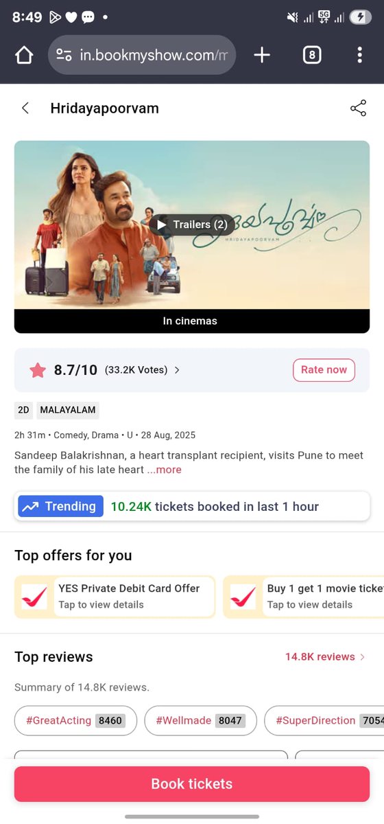 10.24K Tickets Booked in Last 1 Hr🔥💥
Excellent Booking going on...!!!⚡
#Mohanlal #Hridayapoorvam