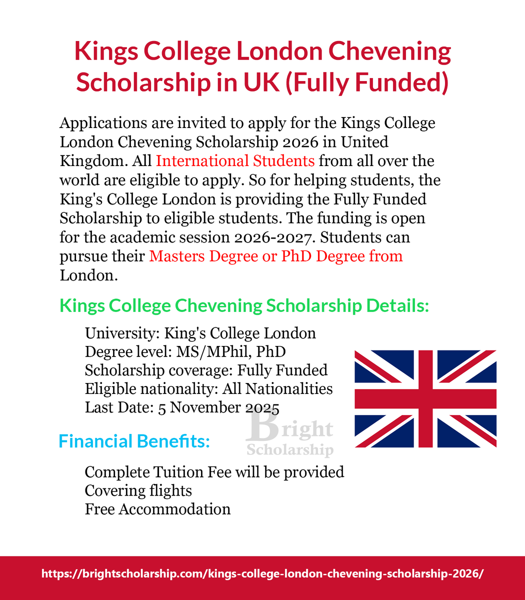 BrightSship's tweet photo. Kings College London Chevening Scholarship 2026 in UK (Fully Funded)
Degree level: MS/MPhil, PhD
Last Date: 5 November 2025
Apply Link: https://t.co/CYQuOryKLx
#BrightScholarship #FullyFunded #Scholarship #UK #Students #studyabroad #study #studyinUK #MastersinUK #PhDinUK https://t.co/p83KLoOBps