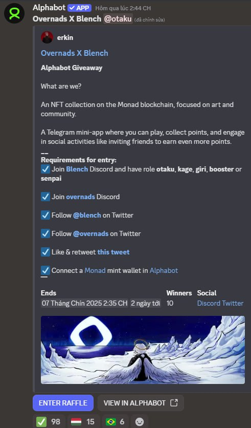 GA Overlist at Discord Overnads and Blench

Discord Blench: 10 slots until 9/7
Discord Overnads: 7 slots until 9/11

Hurry up guys

<a href="/monad/">Monad</a> <a href="/overnads/">Overnads (mainnet arc)</a>