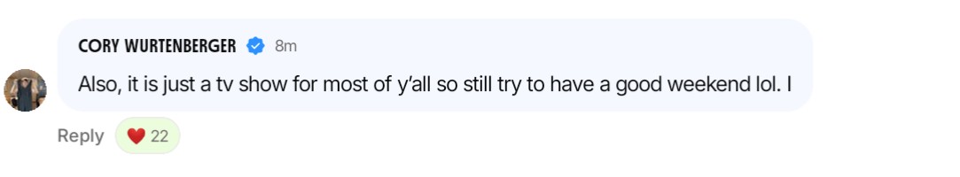 Heybub122's tweet photo. Cory just having great take after great take tonight. So refreshing seeing a former player really love this show and 2 in one household is so rare. Brendon and Rachel are the only other 2 I can think of. #BB27 https://t.co/HXT9bA5Cnn