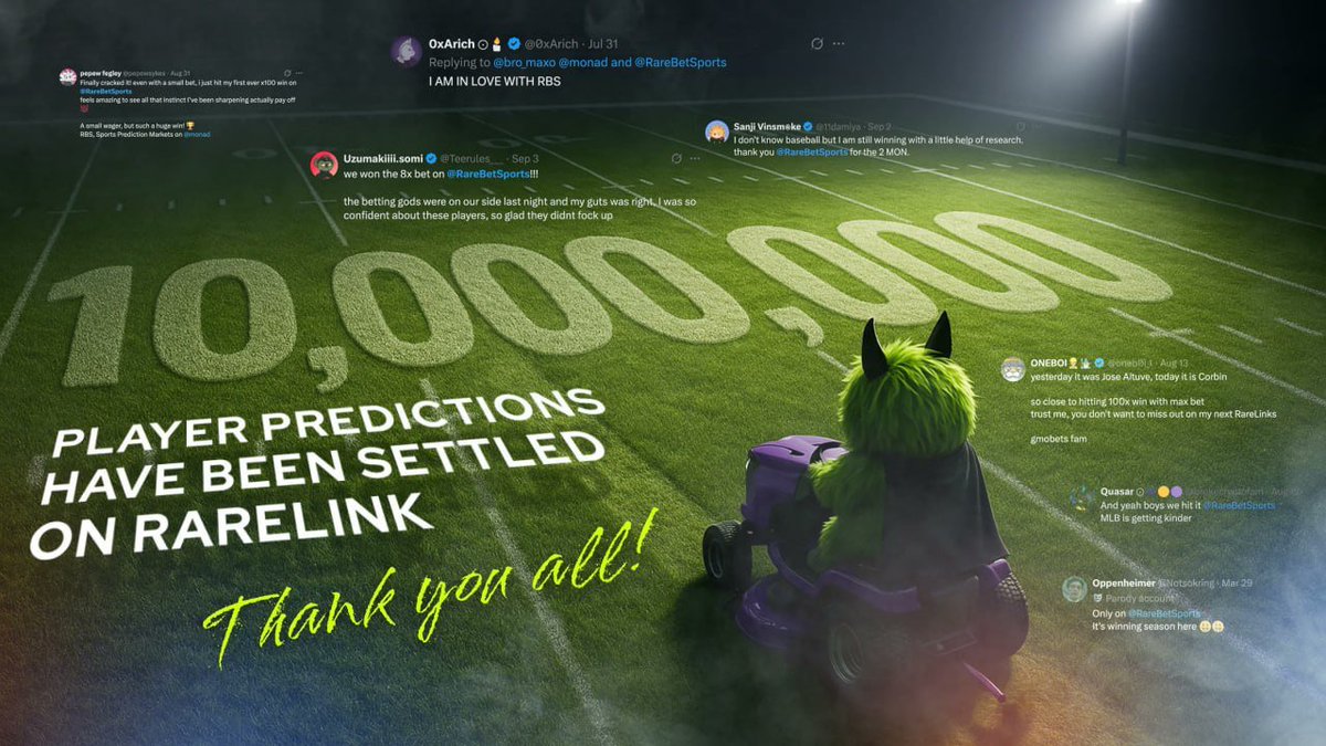 Congratulations to RareBetSports on reaching 10 million processed predictions!

A very impressive milestone for the community and the sports prediction platform.

Try it now: rarelink.rarebetsports.io

<a href="/monad/">Monad</a> <a href="/RareBetSports/">RareBetSports</a>