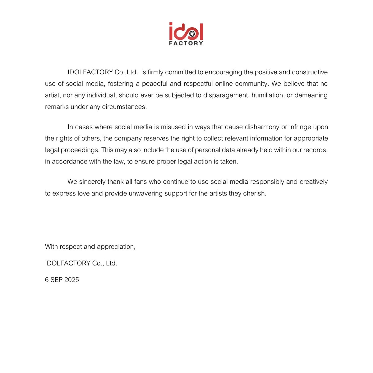 IDOLFACTORYTH's tweet image. ทางบริษัท ไอดอลแฟคทอรี่ จำกัด ยึดมั่นในการส่งเสริมการใช้สื่อสังคมออนไลน์อย่างสร้างสรรค์ และการอยู่ร่วมกันอย่างสงบสุขในสังคม โดยเชื่อว่าไม่ควรมีศิลปินหรือบุคคลใดในสังคมถูกกล่าวถึงในเชิงดูหมิ่น เหยียดหยาม หรือด้อยค่าไม่ว่าด้วยเหตุผลใด

IDOLFACTORY Co.,Ltd.  is firmly committed to…