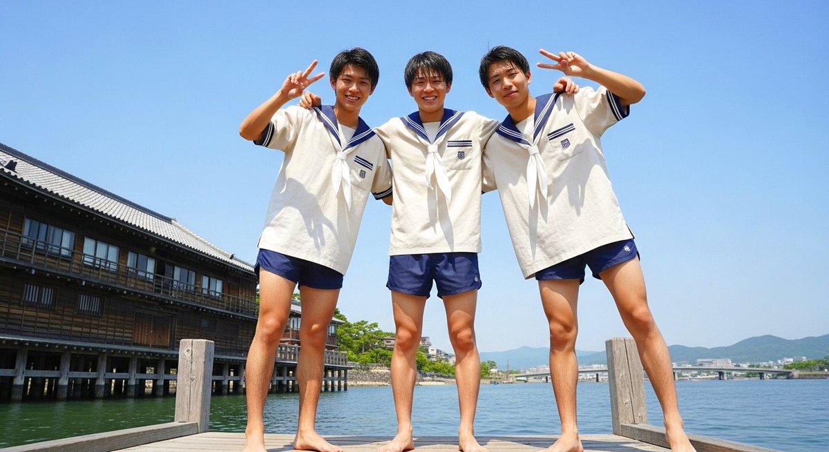 【#幻想童子 127b】学校指定水着
爽やかなセーラー服の練習着に、実は学校指定の競泳水着を合わせる着こなしのヨット部の少年たち！
厳密にいえば校則違反なんですが、似合ってるので特に注意されたりはしないんだそう
でも…一回だけ濡れた水着のままバスに乗ってTwitterで炎上したことがあったりして