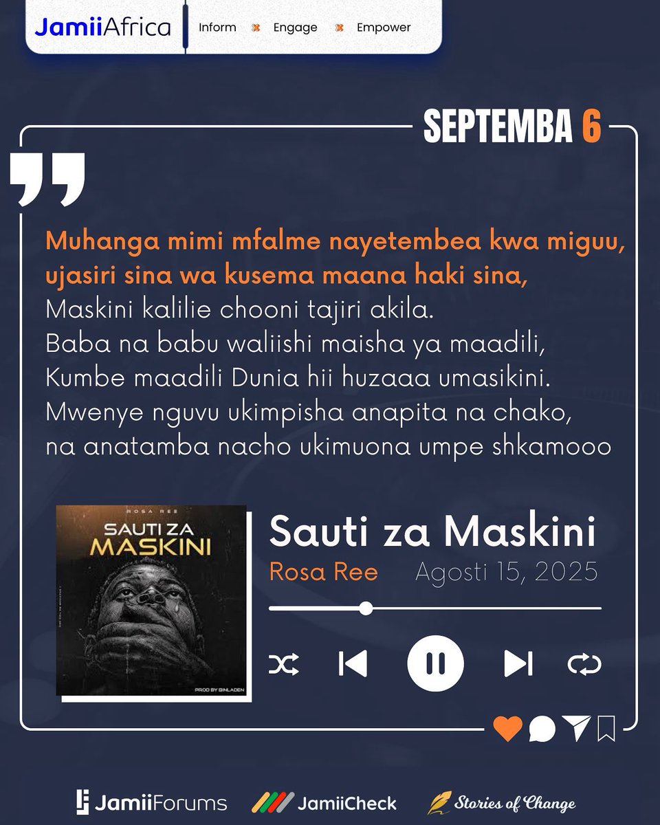 JamiiForums's tweet image. Mdau, una maoni gani kuhusiana na mistari ya wimbo huu?

Tembelea JamiiForums.com kushiriki kwenye mijadala mbalimbali yenye tija.

Zaidi bofya jamii.app/JukwaaJamiiFor…

#JamiiAfrica #JamiiForums #AmkaNaJamiiAfrica #GoodMorning #Maisha