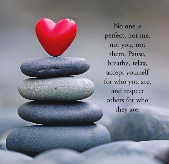 No one is 
Perfect;not me, 
  Not you, not 
Them. Pause, 
Breathe, relax, 
Accept yourself 
For who you are, 
And respect 
Other for who 
They are. ❤️❤️
Good morning
