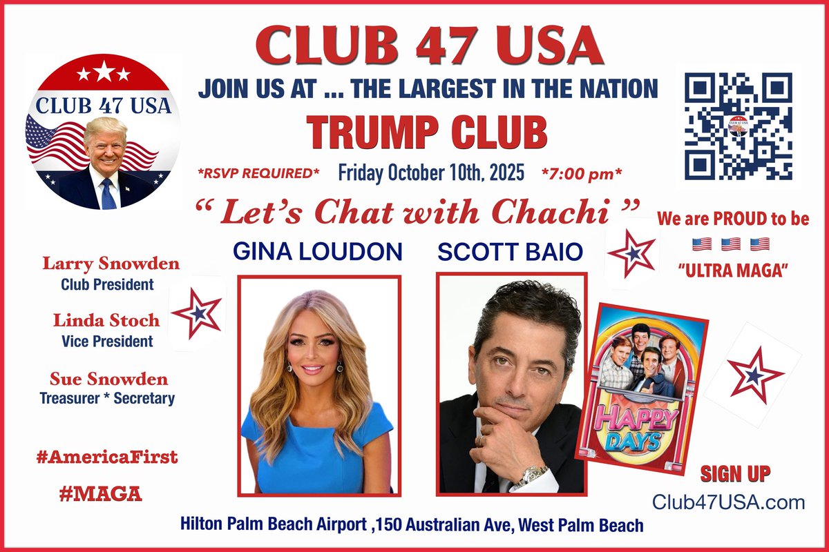 JOIN US FOR OUR NEXT CLUB 47 USA MEETING FRIDAY, OCTOBER 10, 7:00PM, PALM BEACH AIRPORT HILTON
SCOTT BAIO AND DR. GINA LOUDON ARE OUR SPEAKERS! CLICK HERE FOR TICKETS:
campaignlp.constantcontact.com/em/11361839333…