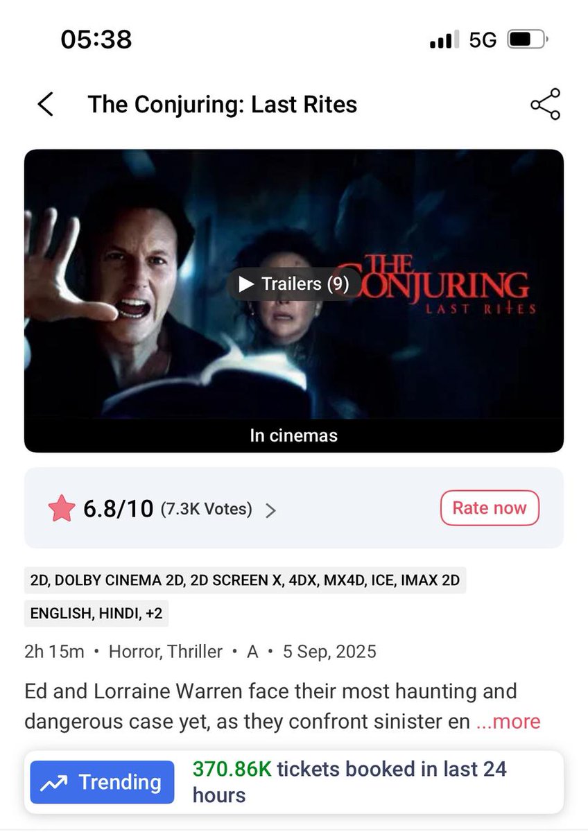 Tkts Booked at BMS - 05.09.25(Fri):

#Lokah:408K(D9)🔥🔥🔥
#TheConjuringLastRites:371K(D1)🔥🔥

#Madharaasi: 276K(D1)👍

#Baaghi4: 154K(D1)
#ParamSundari: 40K(D8)

#Ghati: 32K(D1)
#Hridayapoorvam:146K(D9) 

#MahavtarNarsimha: 16K(D43)

#VashLevel2:7K(D10)
