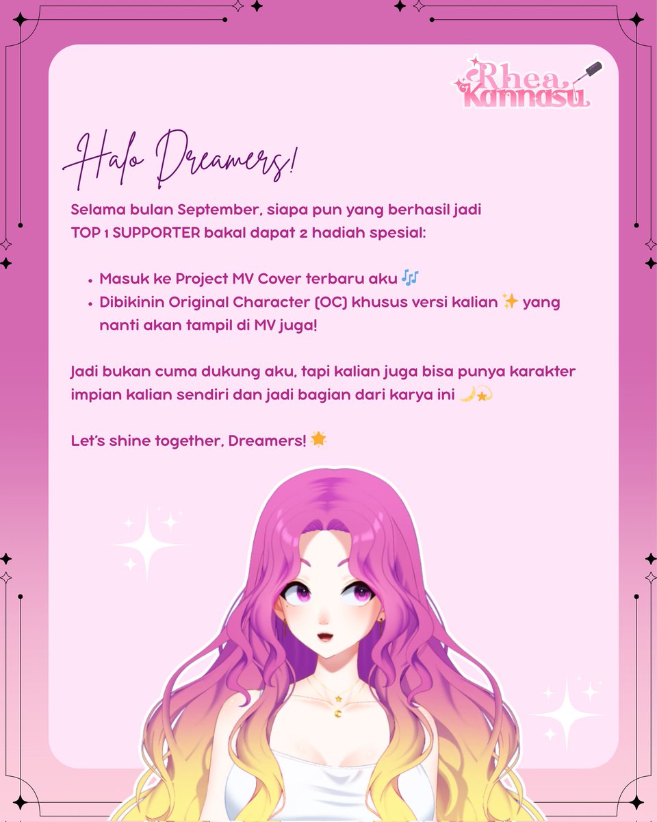 rheakannasu_'s tweet image. Haii Dreamers!

Selama September ini, TOP 1 Supporter bakal dapet hadiah spesial~ 

OC kalian bisa ikutan tampil di MV cover terbaru aku loh! 

Yuk support aku di Trakteer ya! Love u~ #vtuberid #rheakannasu