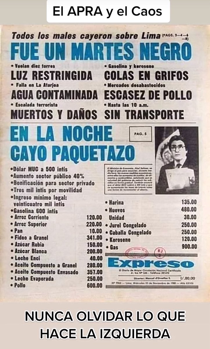 La izquierda es infame y mentirosa y los que la pasamos advertimos . Ninguna izquierda es buena . 
Este es, fue y será el APRA , ¿parece  que <a href="/ExpresoPeru/">Diario Expreso</a>  quiere costar 80.00 Intis nuevamente ? La izquierda miente , engaña y traiciona ¿Ese diario es “compañero” ahora ? Cómo