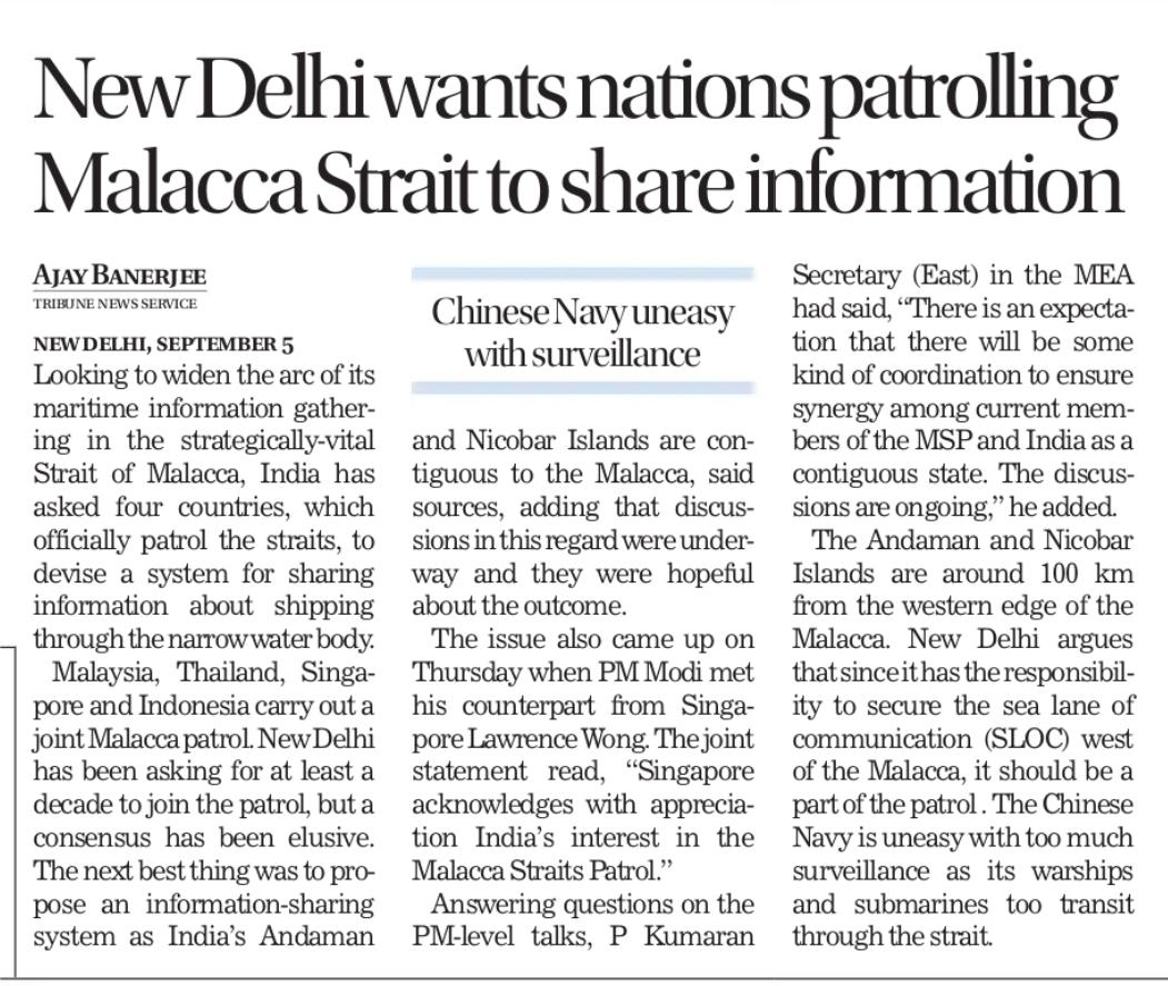 Ajay Banerjee (@ajaynewsman) on Twitter photo New Delhi has proposed an information sharing formula to the four countries doing patrol in the vital Malacca straits
<a href="/thetribunechd/">The Tribune</a>
<a href="/indiannavy/">SpokespersonNavy</a>
Link to full text👇
tribuneindia.com/news/india/ind… New Delhi has proposed an information sharing formula to the four countries doing patrol in the vital Malacca straits
<a href="/thetribunechd/">The Tribune</a>
<a href="/indiannavy/">SpokespersonNavy</a>
Link to full text👇
tribuneindia.com/news/india/ind…