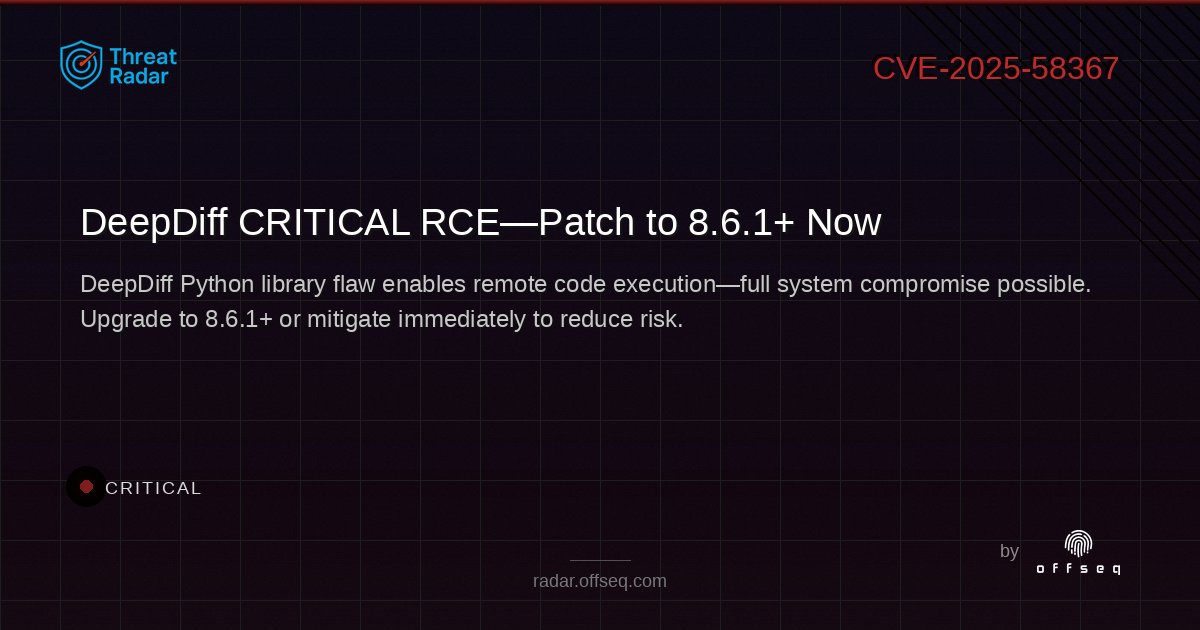 offseq's tweet image. 🚨 CRITICAL: DeepDiff Python lib (5.0.0–8.6.0) allows RCE via unsafe Pickle deserialization. Full system compromise possible! Patch to 8.6.1 ASAP. 🛡️ Details: radar.offseq.com/threat/cve-202… #OffSeq #PythonSecurity #RCE