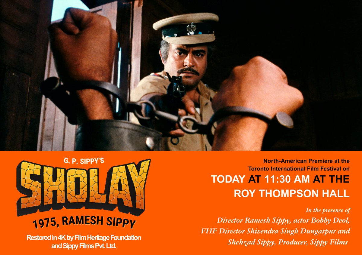 Screening today!! Indian cinematic epic G.P. Sippy's ‘Sholay’ (1975), directed by Ramesh Sippy, celebrates 50 years with the North American Premiere of the restored version at the 50th edition of the TIFF Toronto International Film Festival!