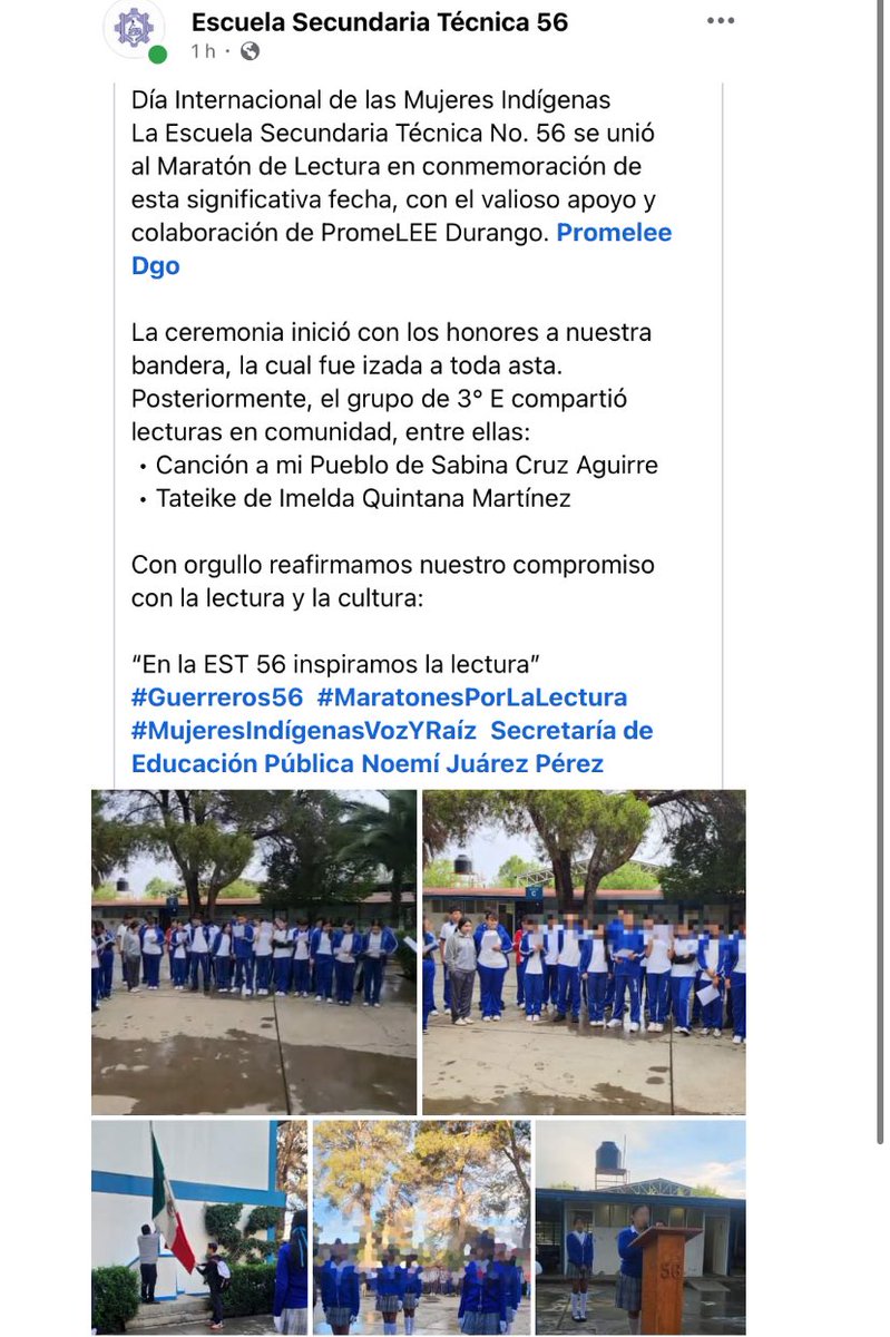 _RobledoJM's tweet photo. La #EST56 se unió a #MaratonesPorLaLectura  por el #DíaDeLasMujeresIndígenas 🇲🇽📚 con apoyo de #PromeLeeDurango
Con lecturas como Canción a mi Pueblo e Tateike.
En la EST 56 inspiramos la lectura. ✨
#Guerreros56 #MujeresIndígenasVozYRaíz
@NoemiJuarezSEB  @SEP_mx #Durango https://t.co/gqP1vPynH8