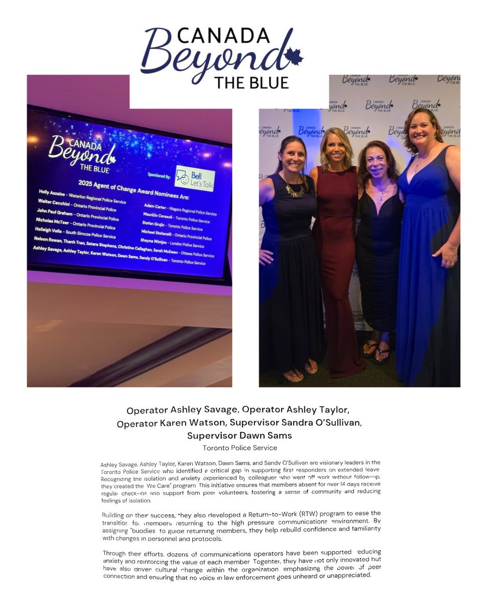 ✨ Honoured that our TPS Communications WeCare Team was nominated last night for the Canada Beyond the Blue – 2025 Champion of Change Award.
An incredible recognition of teamwork, compassion &amp; innovation. 💙 Thank you to the <a href="/TPAca/">Toronto Police Association</a> for recognizing this team!!