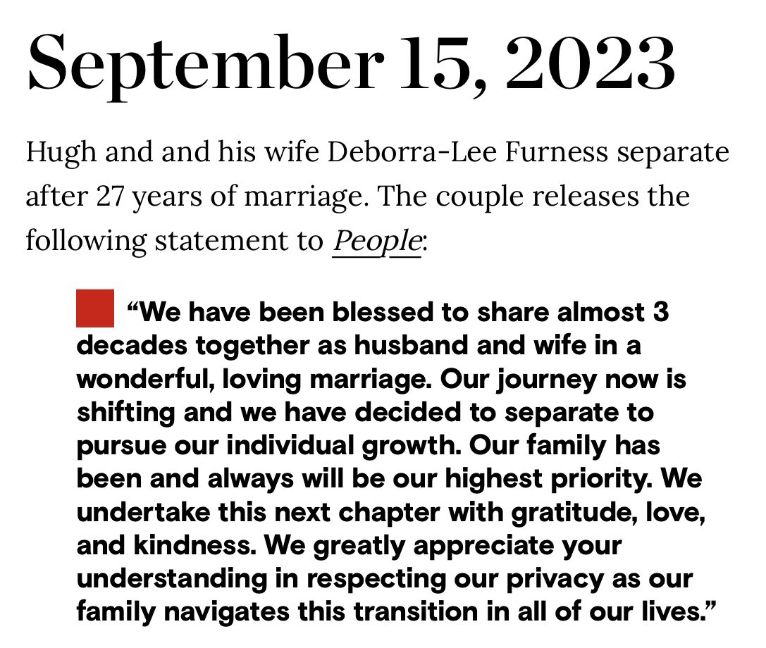 Our parents were faithfully married 56 years. It’s sad that our father’s 100th birthday was tainted by such a deceitful media announcement to cover up Hugh Jackman’s adultery with Sutton Foster. Rubbish talk of growth, love and kindness is a slap in the face to Aussies. #divorce