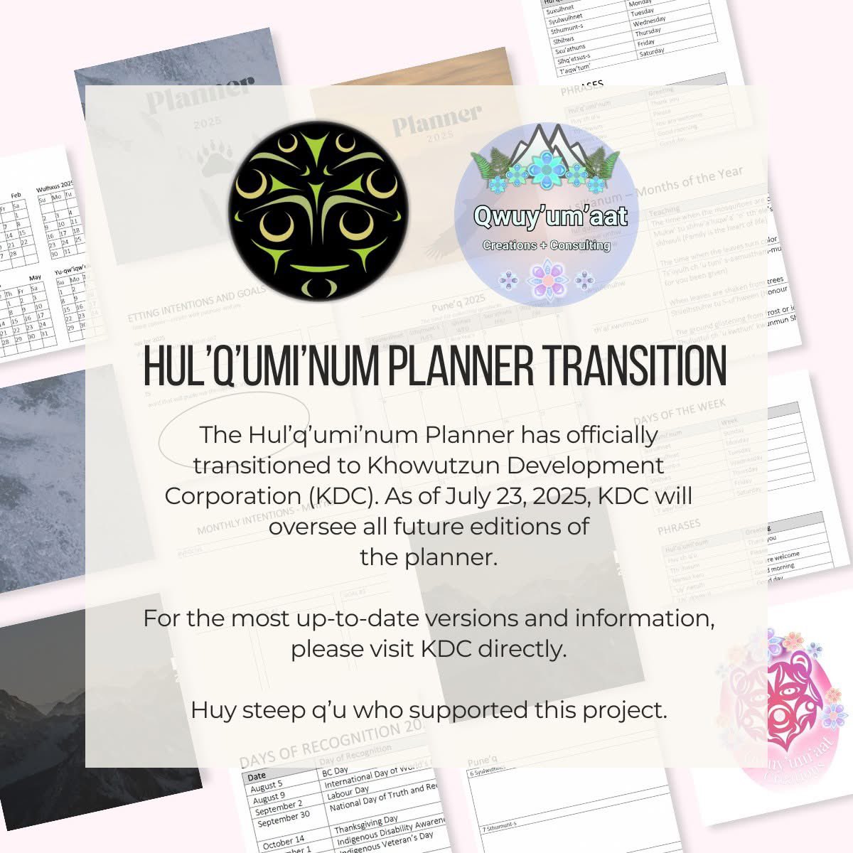 eyvette_hr's tweet image. The Hul’q’umi’num Planner has officially transitioned to Khowutzun Development Corporation ✨

Carrying forward language, culture &amp;amp; community connection for future generations.

🔗 khowutzun.com

#IndigenousLanguage #Community