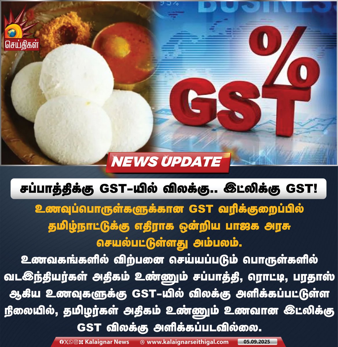 DkDeepikadeena's tweet photo. சப்பாத்திக்கு GST-யில் விலக்கு.. இட்லிக்கு GST !
உணவுப்பொருள்களுக்கான GST வரிக்குறைப்பில் தமிழ்நாட்டுக்கு எதிராக ஒன்றிய பாஜக அரசு செயல்பட்டுள்ளது அம்பலம்.
#Chappathi #Idly #GST #BJP #KalaignarSeithigal https://t.co/buaoRRpuZ9
