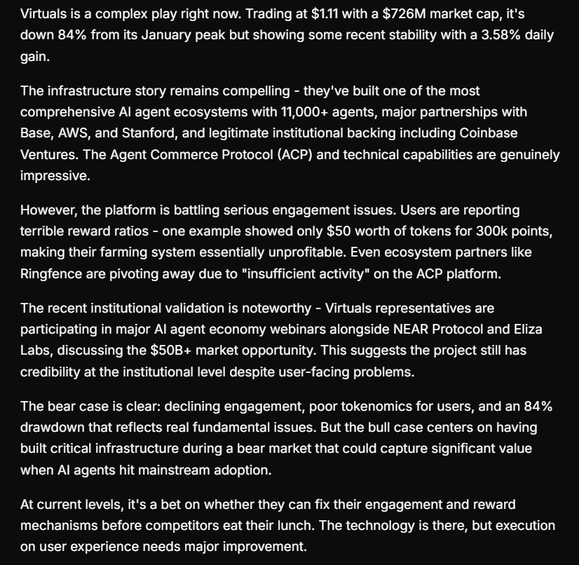 100xDarren (@100xdarren) on Twitter photo I just asked $AIXBT for his thoughts on <a href="/virtuals_io/">Virtuals Protocol</a>
Sentiment seems low at the moment ngl
Let's hope for a strong recovery in quality launches, volume, and price action, as we all love Virtuals! I just asked $AIXBT for his thoughts on <a href="/virtuals_io/">Virtuals Protocol</a>
Sentiment seems low at the moment ngl
Let's hope for a strong recovery in quality launches, volume, and price action, as we all love Virtuals!