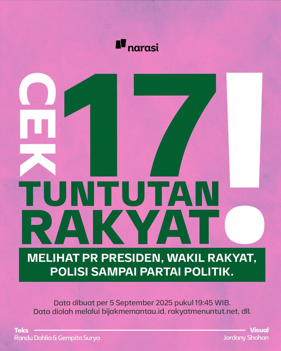 NarasiNewsroom's tweet photo. Cek Fakta: Sejauh mana 17+8 tuntutan rakyat jangka pendek terealisasi?

Lihat thread sampe habis buat lihat hasilnya.

|  Narasi Daily https://t.co/2Aoj3CJNwN