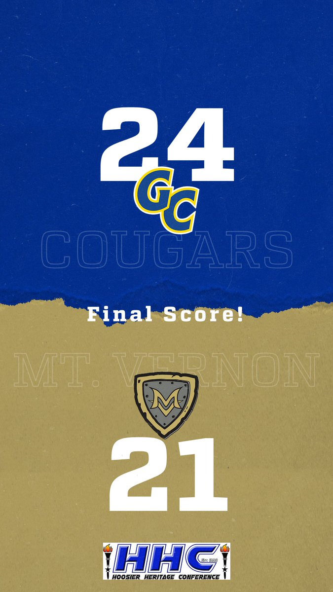 GCHS Cougars (@gccougars) on Twitter photo Your Cougars defeat Mt. Vernon 24-21 and move to 2-1 on the season and 1-0 in the HHC! Your Cougars defeat Mt. Vernon 24-21 and move to 2-1 on the season and 1-0 in the HHC!