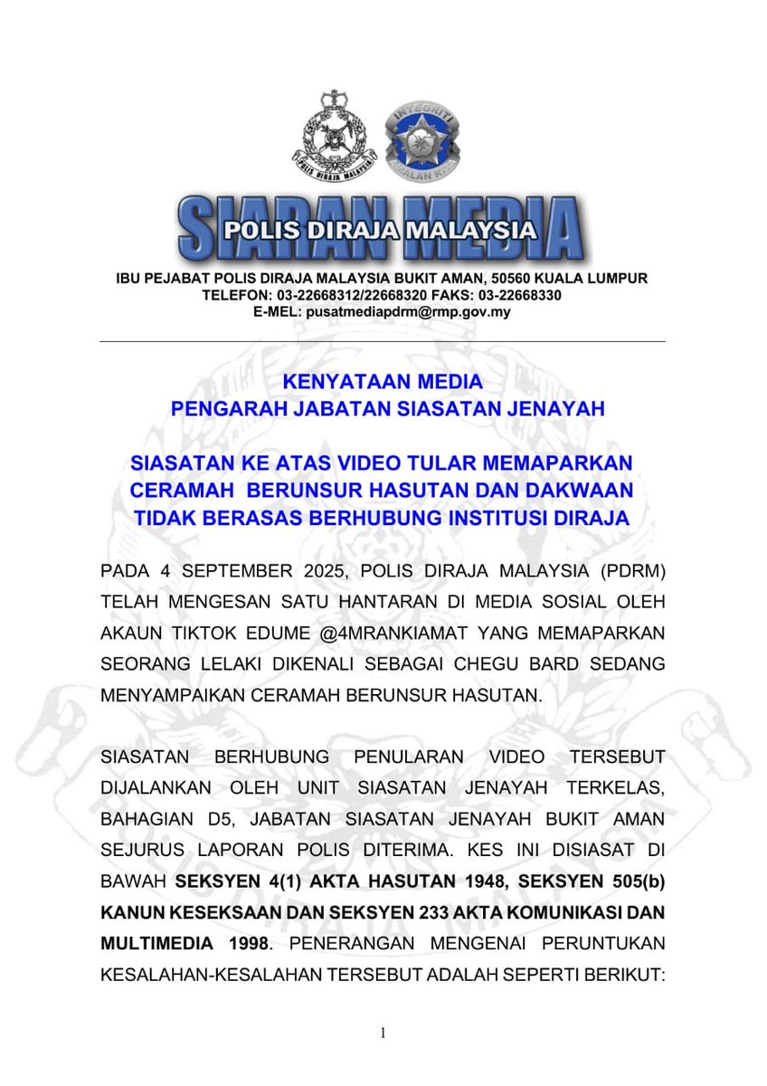 BernamaTV's tweet photo. Kenyataan Media: 
Pengarah Jabatan Siasatan Jenayah

Siasatan ke atas video tular memaparkan ceramah berunsur hasutan dan dakwaan tidak berasas berhubung institusi diraja

#digitalbernamatv #pdrm #jsj #hasutan https://t.co/Ans6Vikngp
