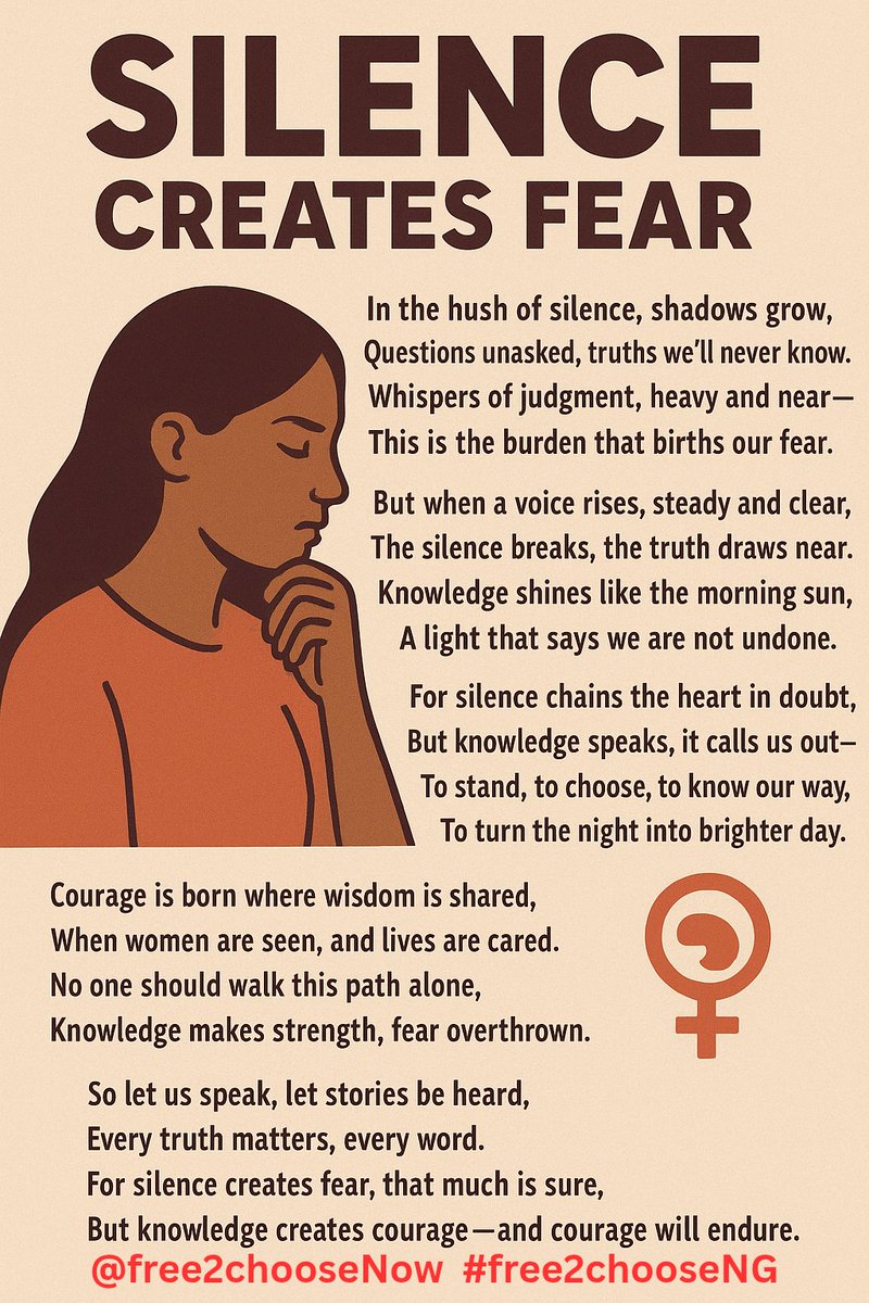 L12842Lives's tweet photo. “Silence creates fear, but knowledge gives us the courage to speak, to choose, and to live free.
@Free2Choose_NG
#free2chooseNow
#saveAbortion4All https://t.co/sSHR9DfAce